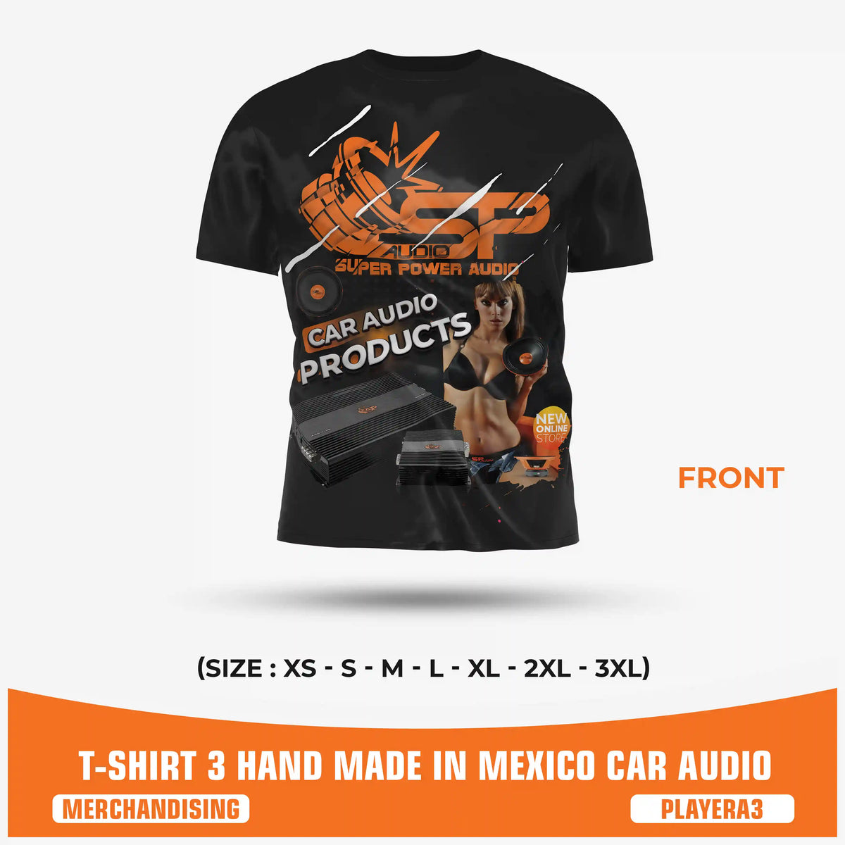 SPAUDIO T-SHIRT 3 black car audio t-shirt with "Pump Up The Sound" subwoofer all-over print – SP Audio – front view