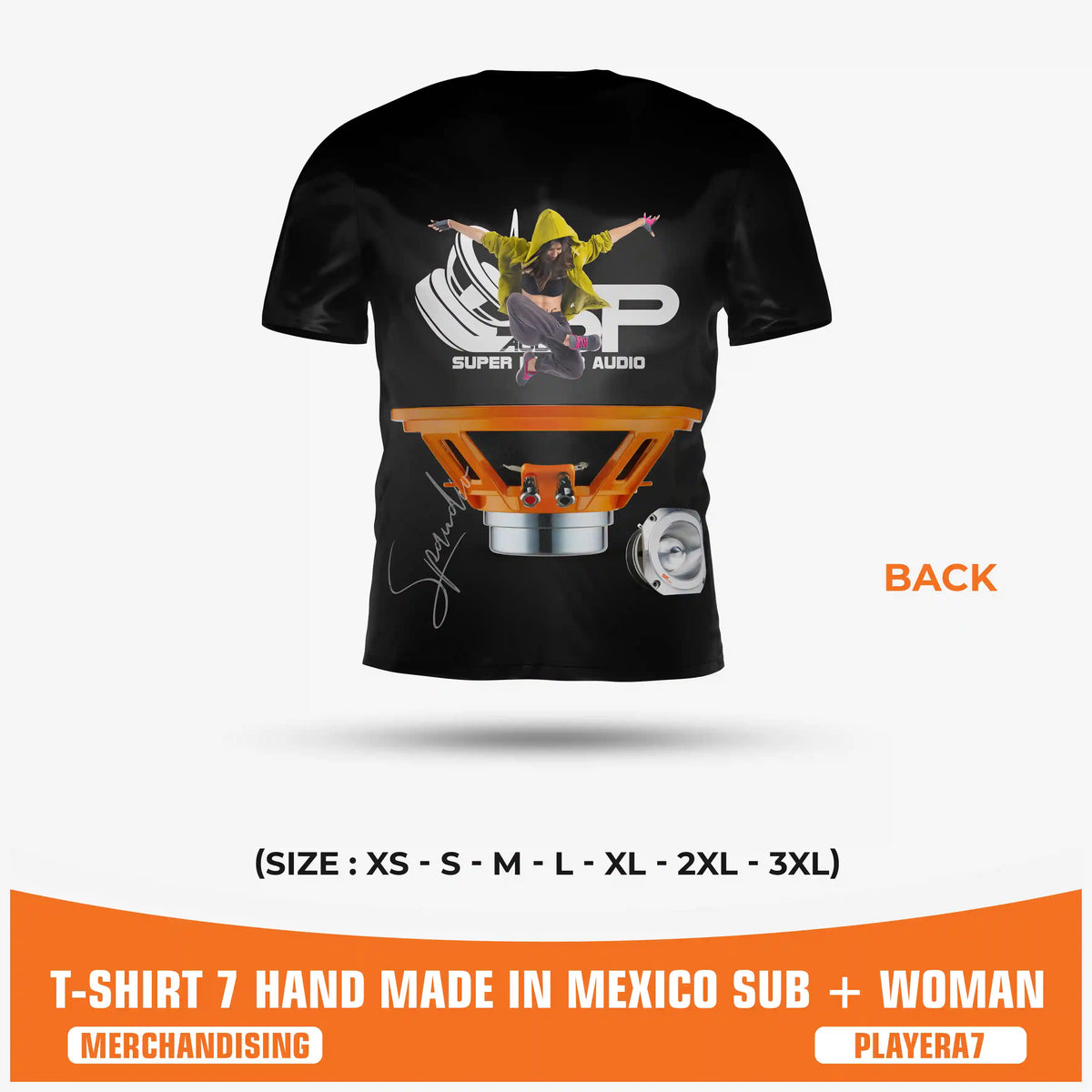 SPAUDIO T-SHIRT 7 black car audio t-shirt with subwoofer and woman all-over print – SP Audio – back view