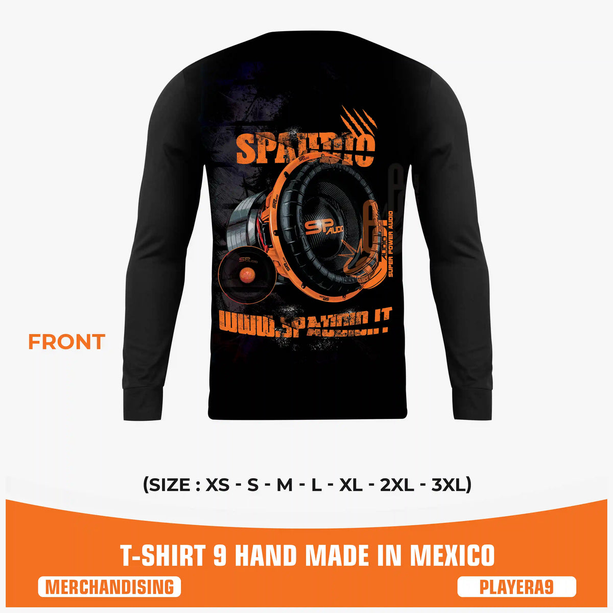 SPAUDIO T-SHIRT 9 black long-sleeve car audio t-shirt with subwoofer all-over print – SP Audio – front view