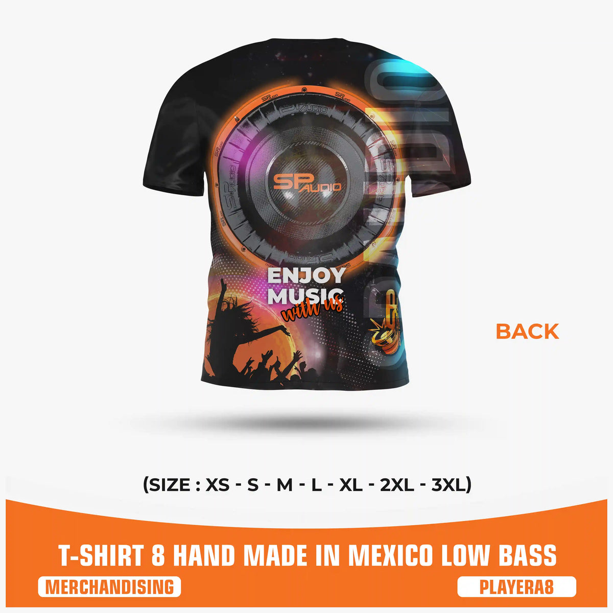 SPAUDIO T-SHIRT 8 purple and black car audio t-shirt with "Low Bass" subwoofer all-over print – SP Audio – back view