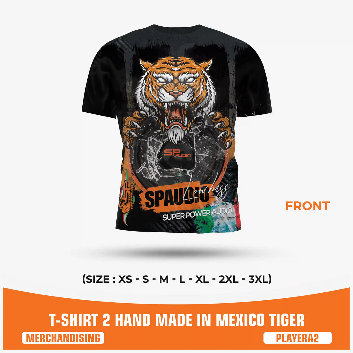 SPAUDIO T-SHIRT 2 black car audio t-shirt with tiger and subwoofer all-over print – SP Audio – front view
