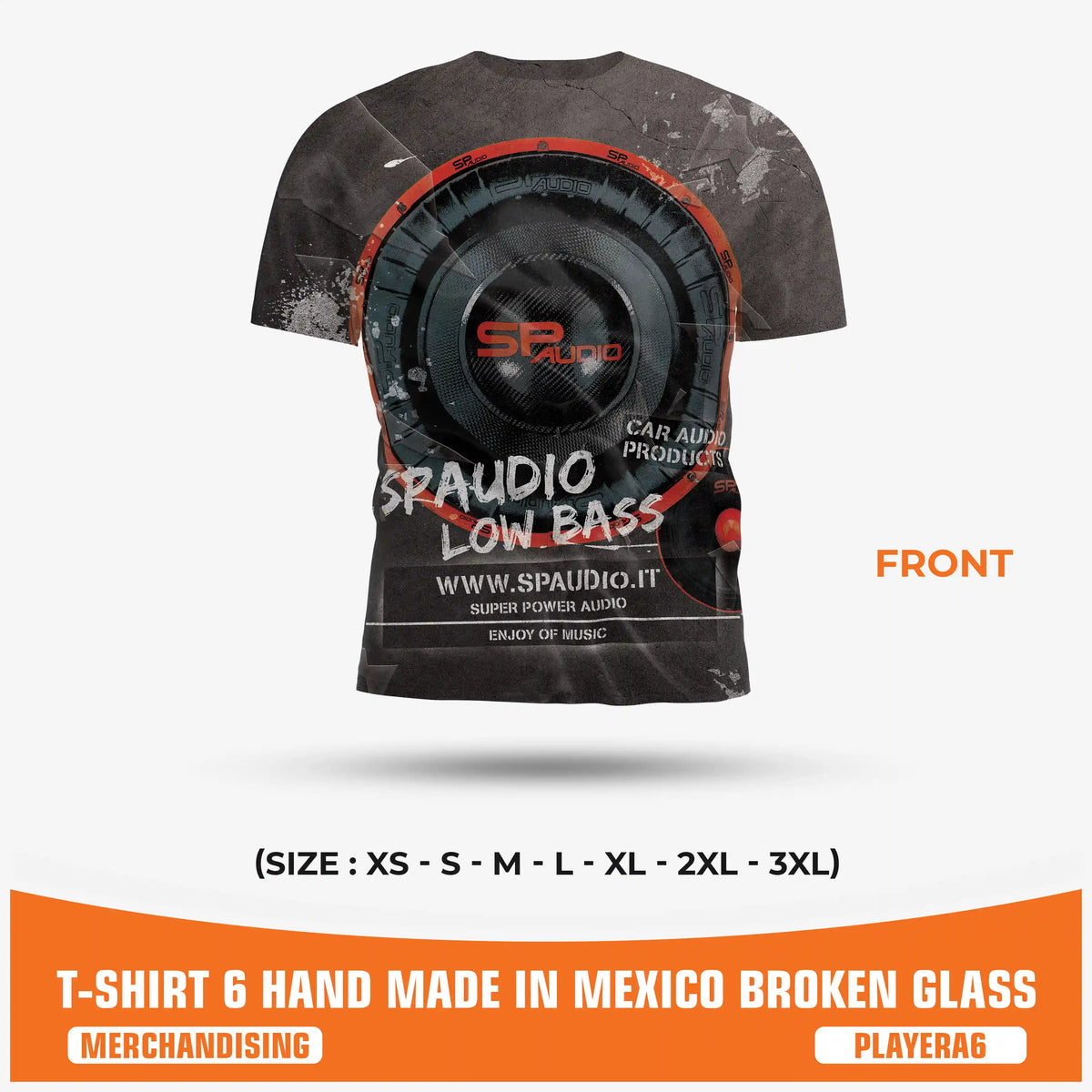 SPAUDIO T-SHIRT 6 black and grey car audio t-shirt with "Broken Glass" subwoofer all-over print – SP Audio – front view
