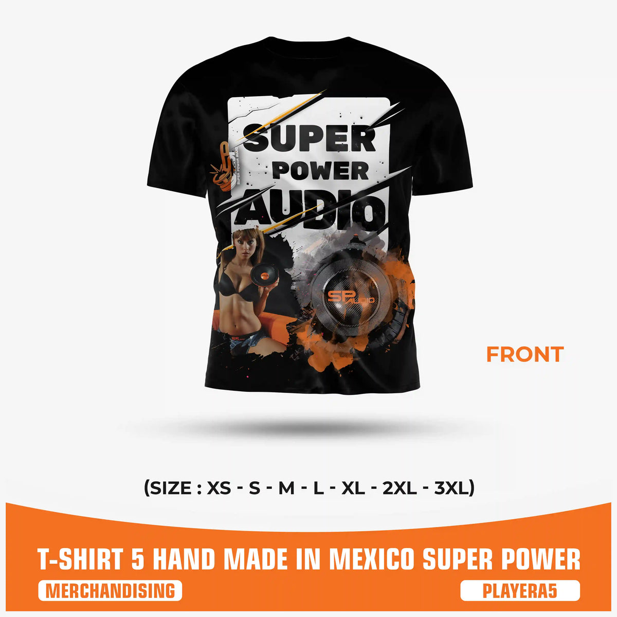 SPAUDIO T-SHIRT 5 black car audio t-shirt with "Super Power Audio" all-over print – SP Audio – front view