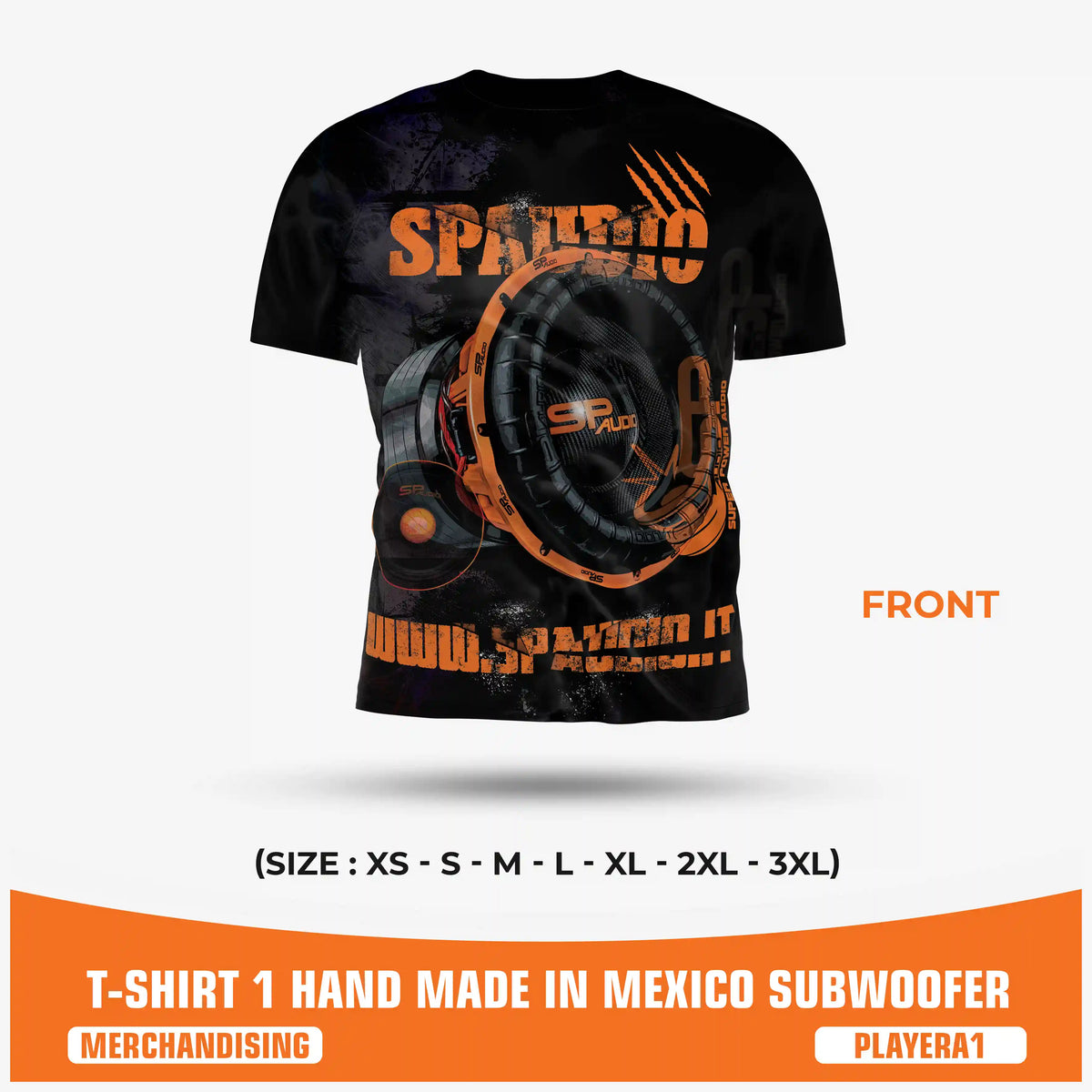 SPAUDIO T-SHIRT 1 black car audio t-shirt with subwoofer all-over print – SP Audio – front view