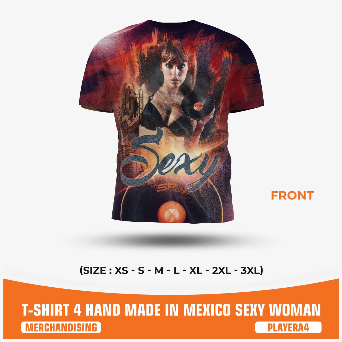 SPAUDIO T-SHIRT 4 black car audio t-shirt with "Sexy" woman and "Low Bass" all-over print – SP Audio – front view