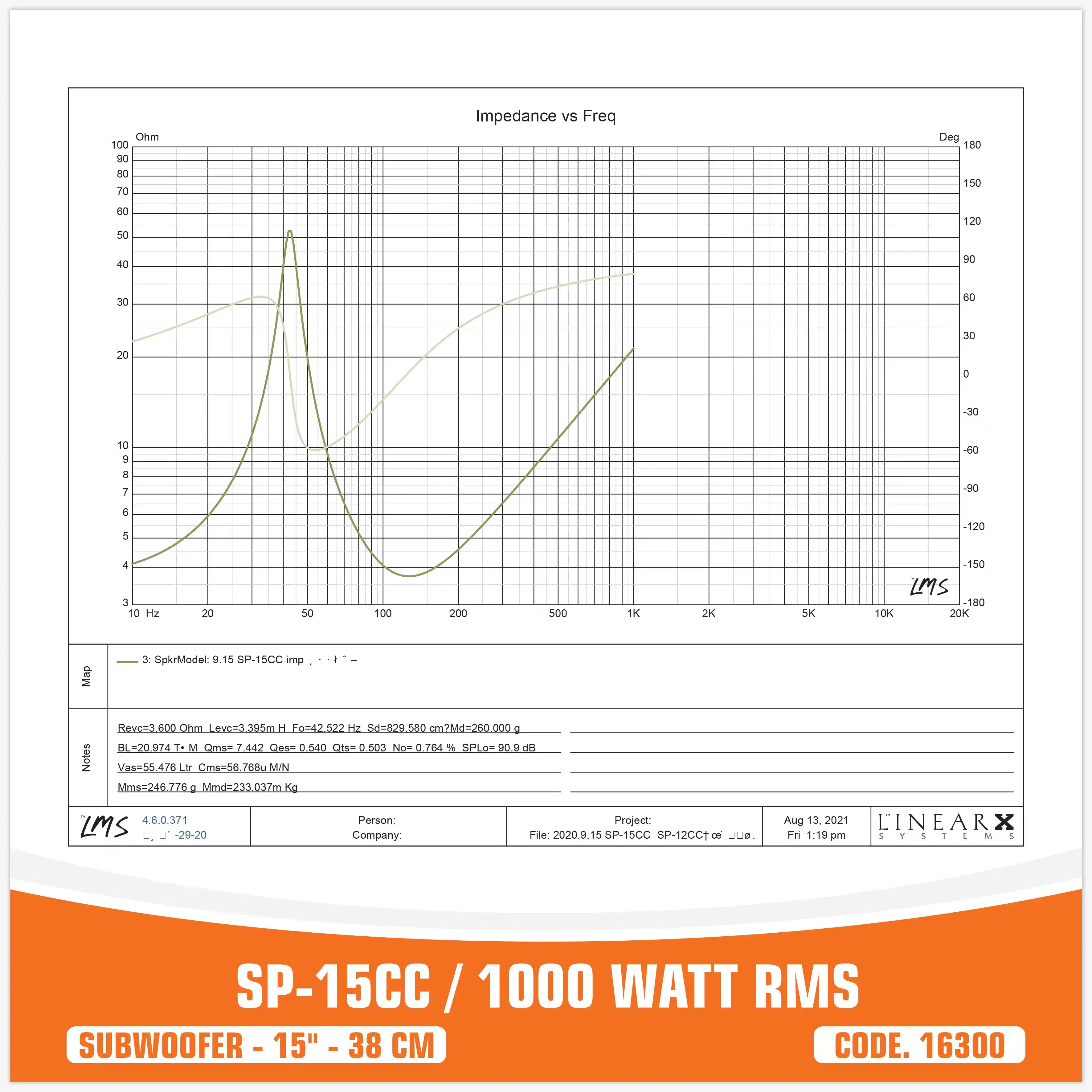 SP 15CC SUBWOOFER 15"/38CM 1000WATT RMS (PREZZO UNITARIO)