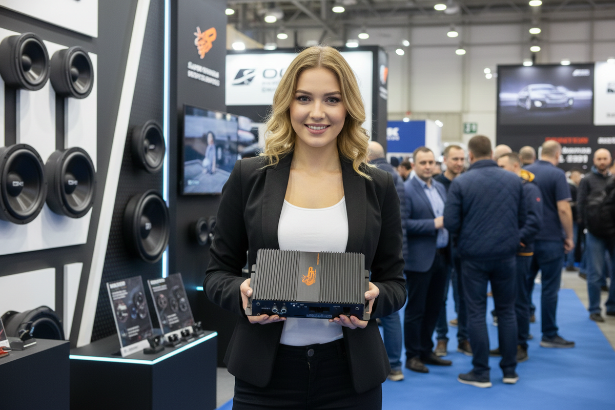 SP-DSP 60x4 DSP amplifier held at the SP Audio stand