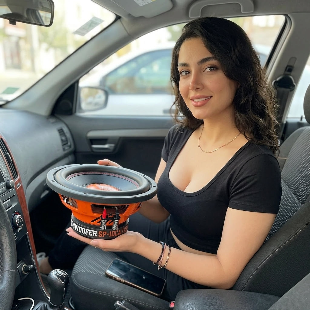 SP 10CA 10 inch 250 W RMS subwoofer held inside a car