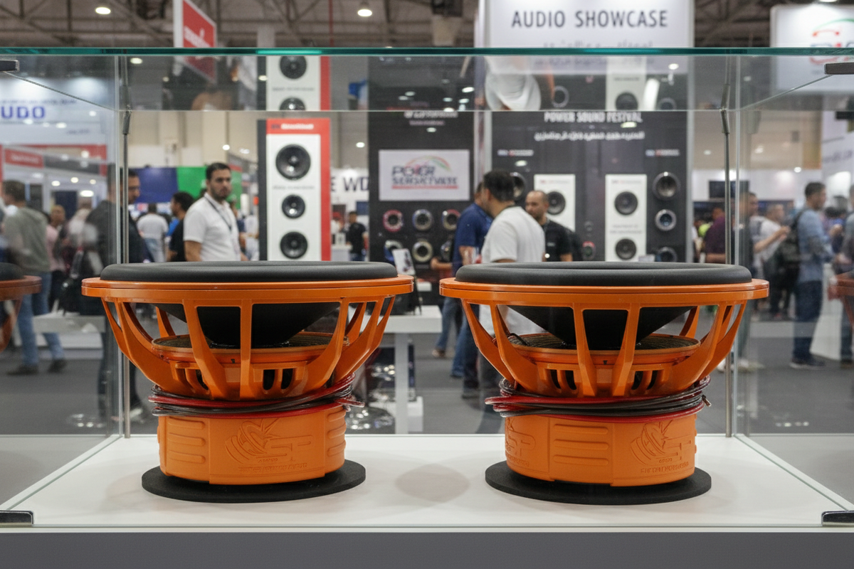 SP 15CX subwoofers seen from the back, orange basket and terminals