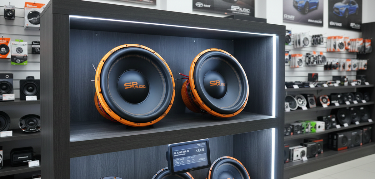 SP 15CX subwoofer pair on the shelf of a car audio store