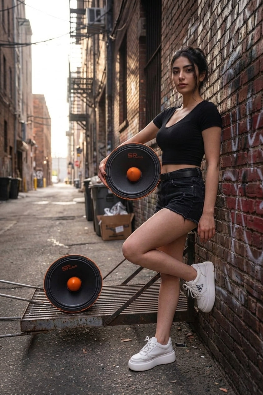 SP 12MM 12 inch midrange pair in a city alley against a brick wall