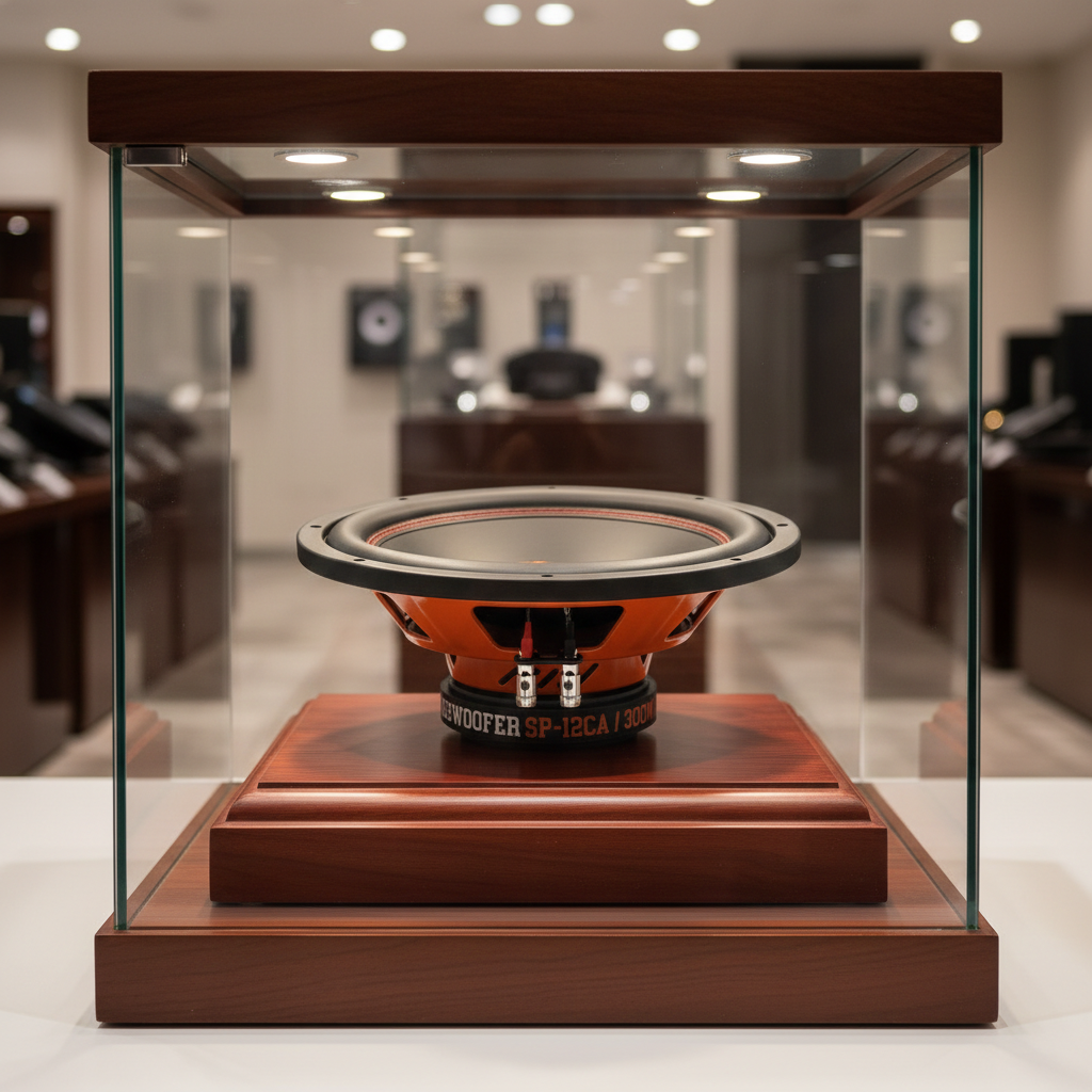 SP 12CA subwoofer on display in a glass case in a car audio shop