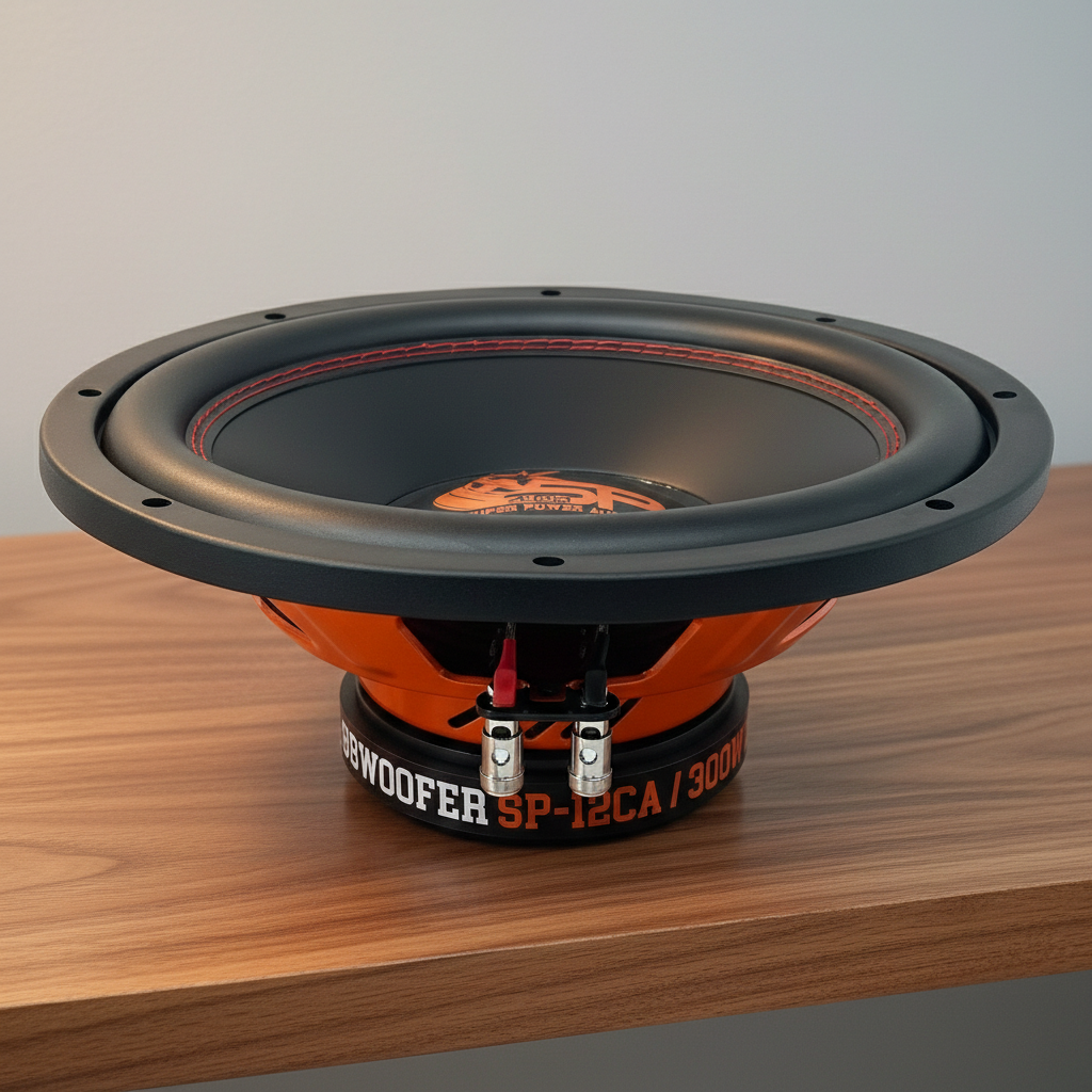 SP 12CA subwoofer on a wooden desk, cone, surround and terminals in view
