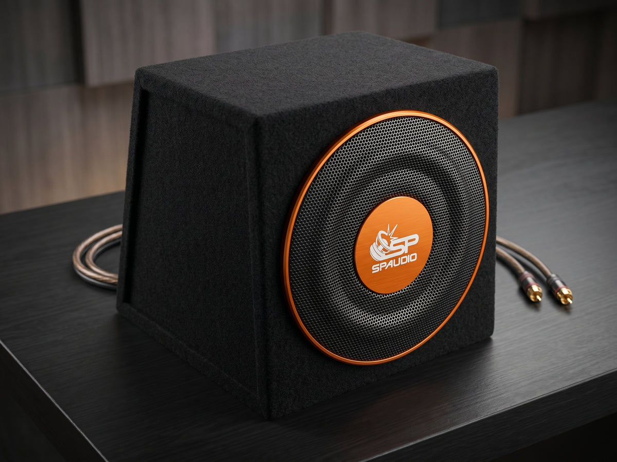 SP-8ACT: the 8 inch active woofer with orange trim and the enclosure with RCA cables on a dark desk