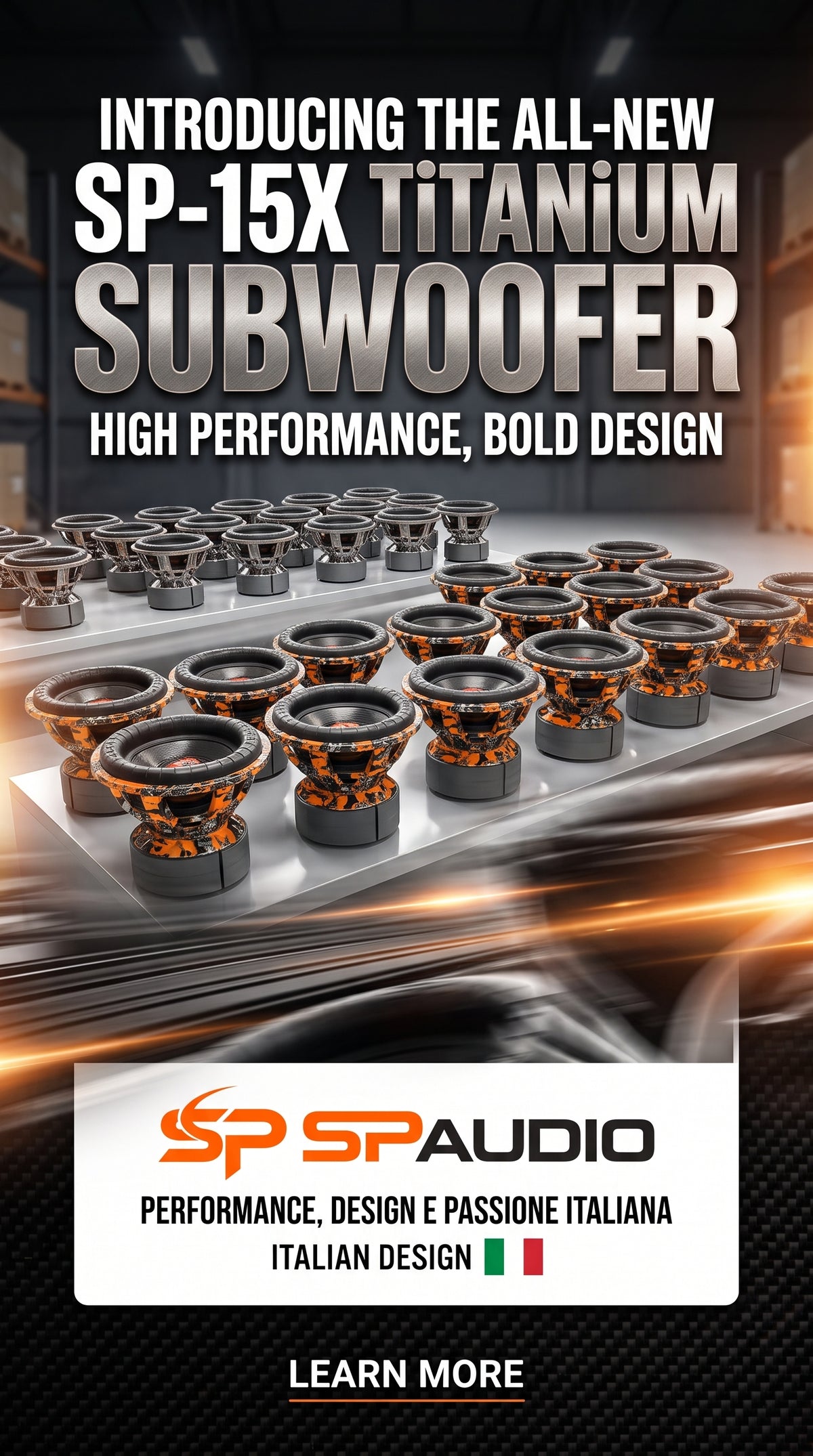 Rows of SP-15X TiTANiUM 15-inch subwoofers ready for shipping in the SP Audio warehouse