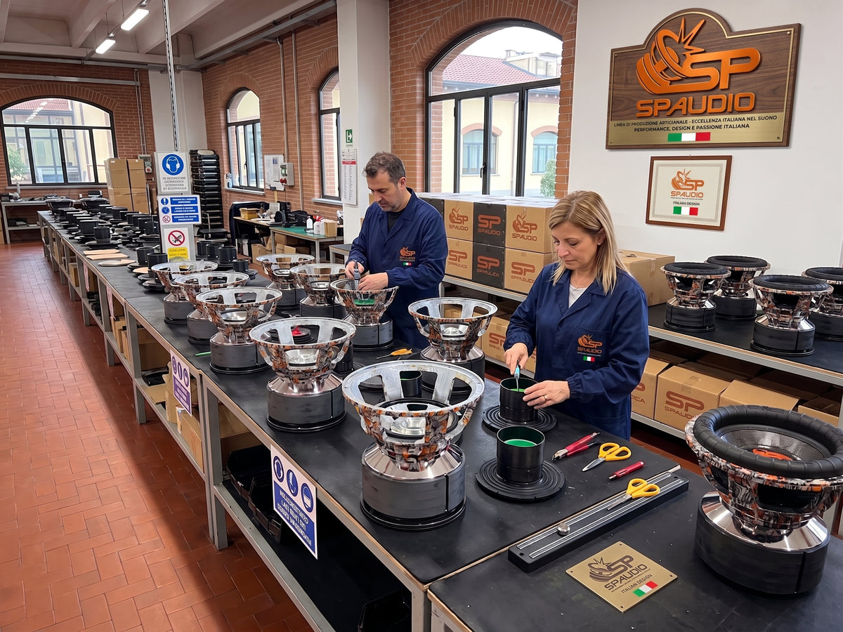 SP Audio workshop: technicians building SP-15X TiTANiUM motors and baskets under the SP Audio sign