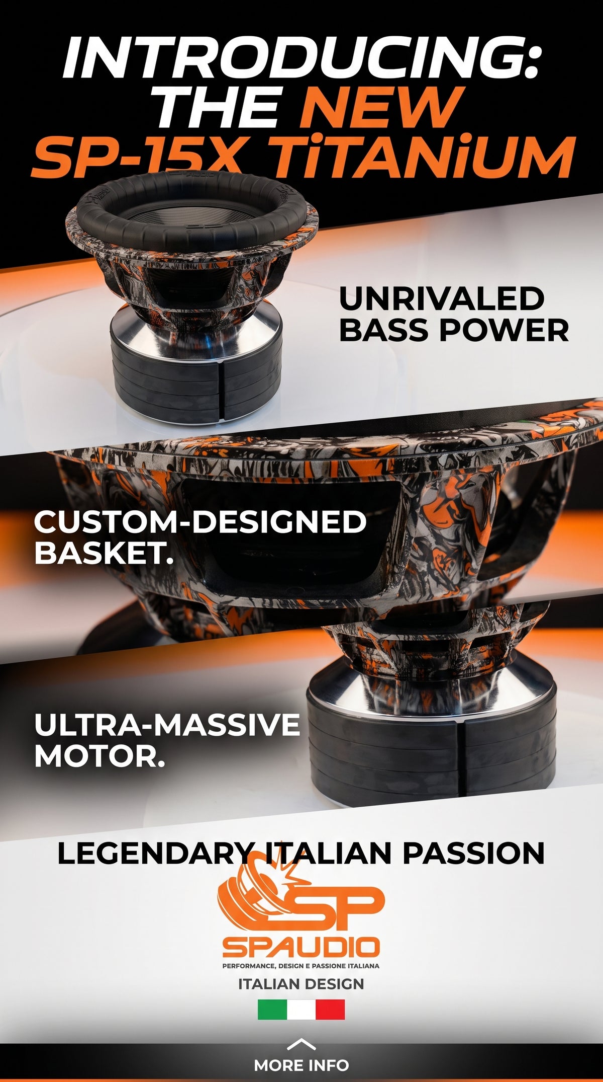 SP-15X TiTANiUM 15-inch competition subwoofer, graffiti hydrographic basket and chrome motor, Italian design poster