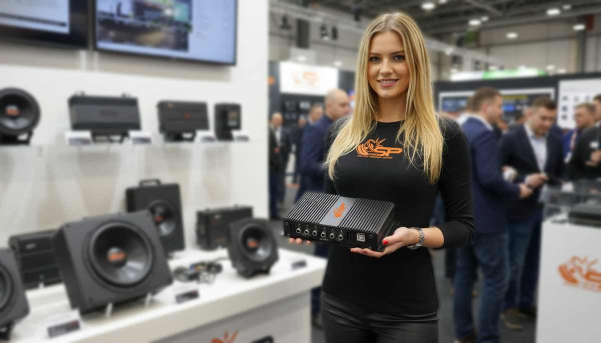 SP-DSP 60x4 four-channel DSP amplifier shown in front of a car audio display