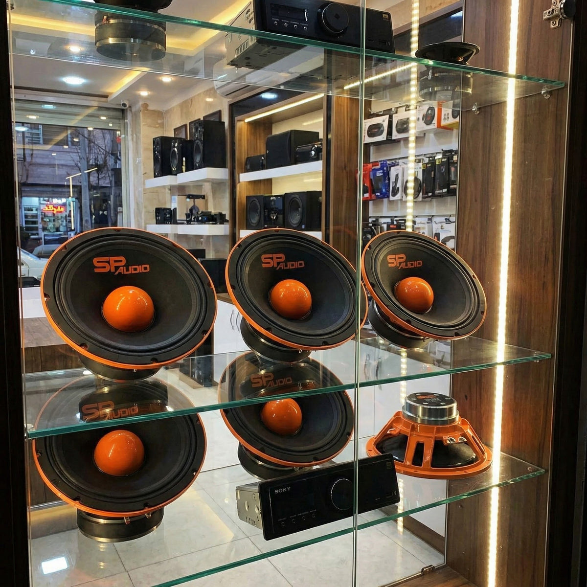 SP Audio 10 inch midrange speakers on glass shelves in a car audio shop