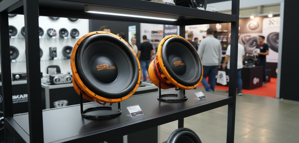 SP 15CX subwoofers displayed on a car audio shop shelf