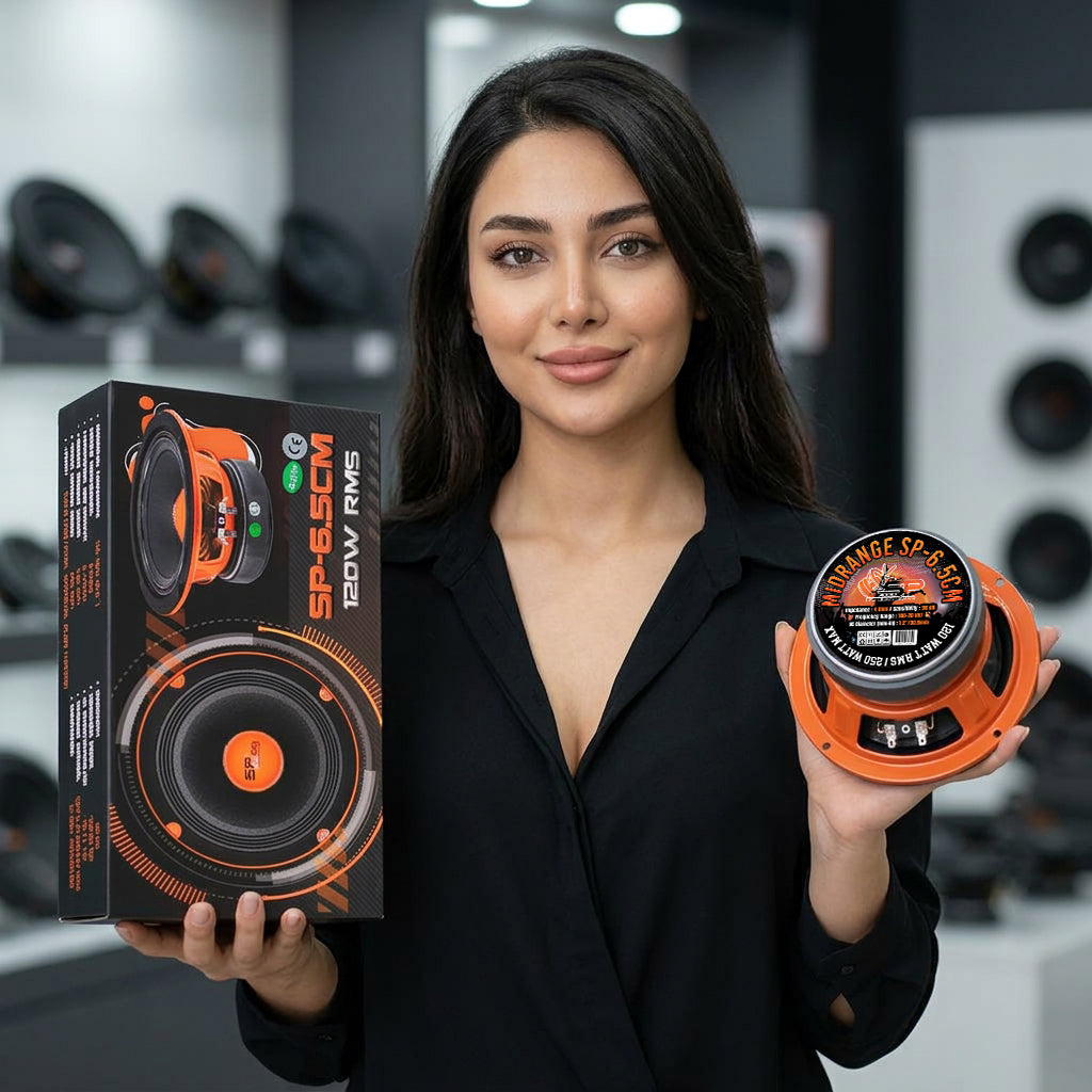 SP 6.5CM 6.5 inch midrange and its SP Audio box shown in a car audio shop
