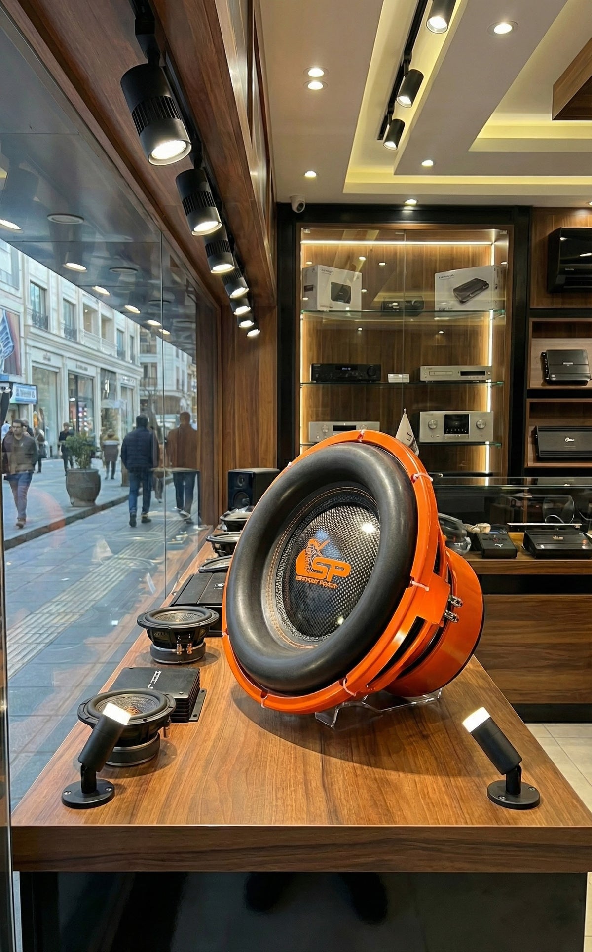 SP 15CXXX 15 inch subwoofer on display in a lit car audio shop window