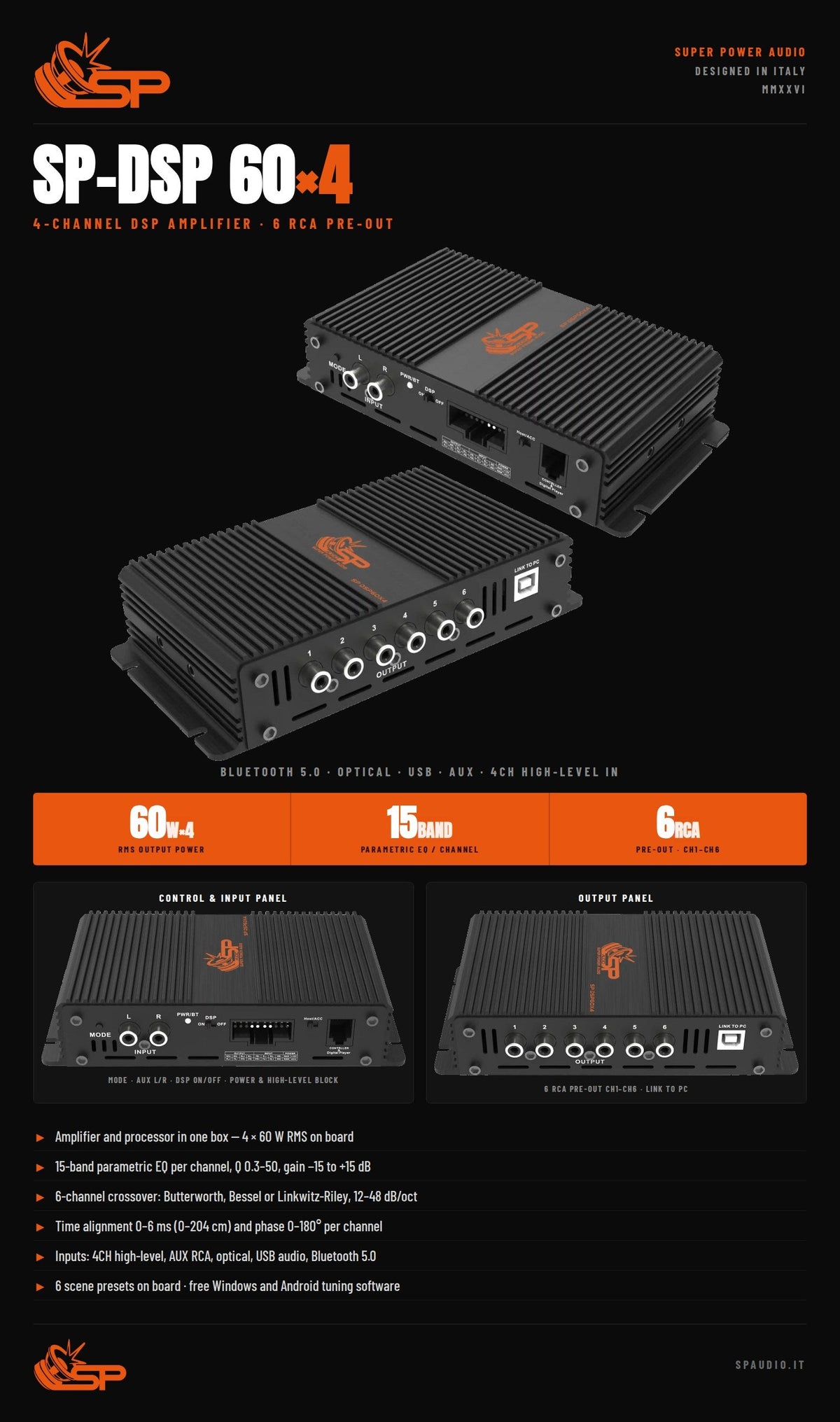 SP-DSP 60x4 technical sheet: 4 x 60 W RMS, 15-band parametric EQ per channel, 6 RCA pre-out