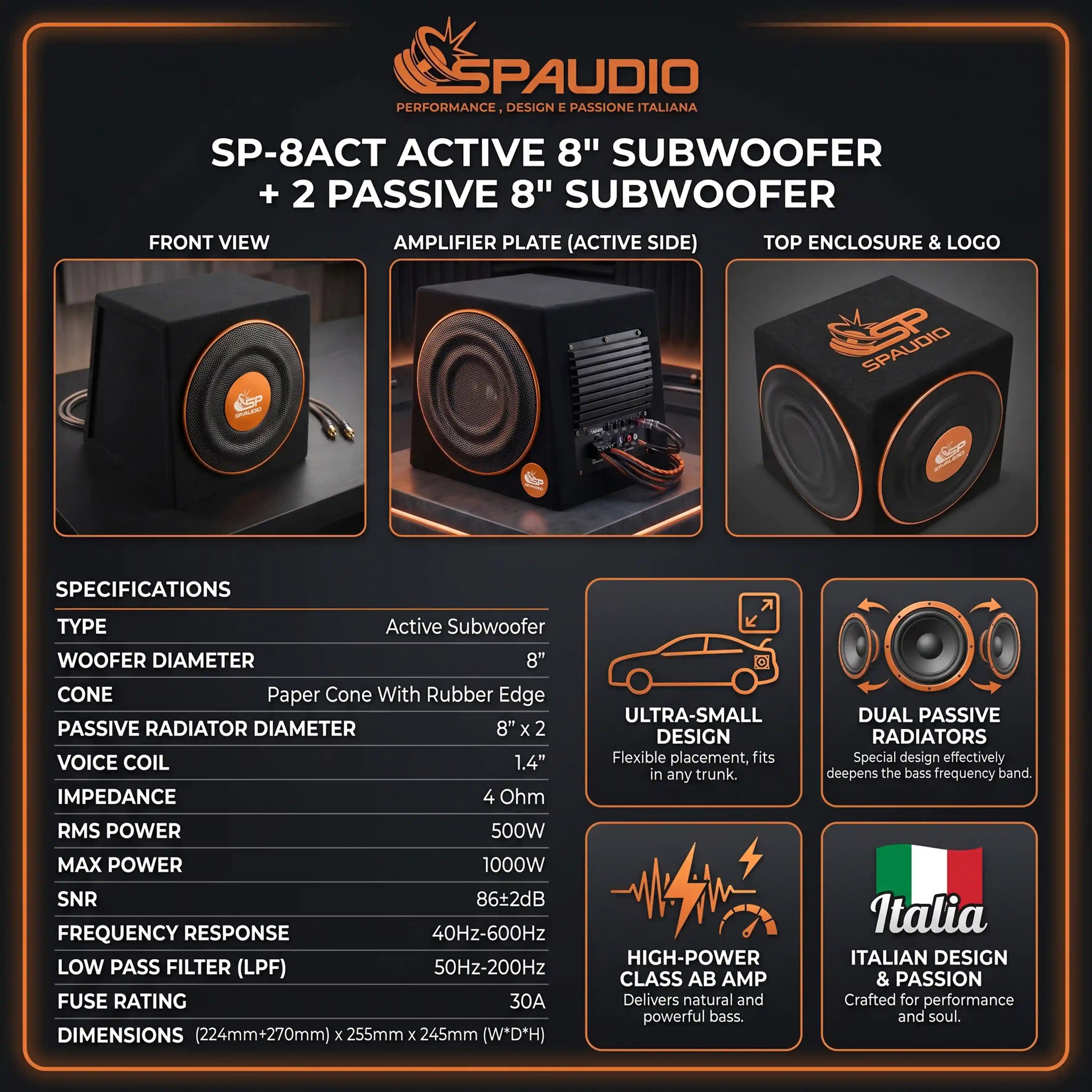 SP-8ACT (1 ACTIVE 8” SUBWOOFER + 2 PASSIVE 8” SUBWOOFER)