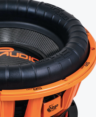 SP Audio subwoofer design — orange basket, black cone, Italian design