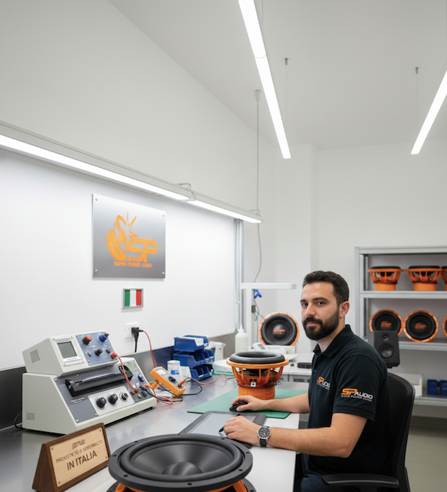 SP Audio designer at the test bench, plaque: progettato e assemblato in Italia