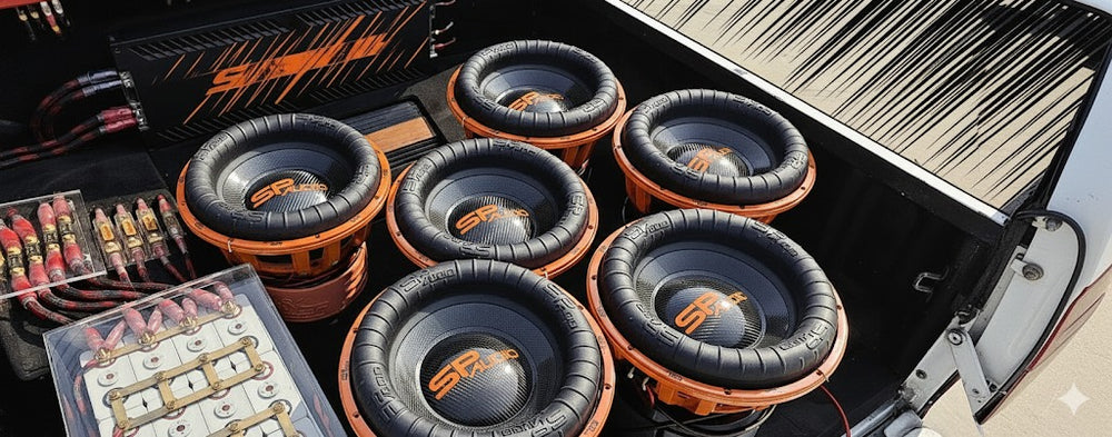 Wall of SP Audio subwoofer motors and voice coils ready for assembly