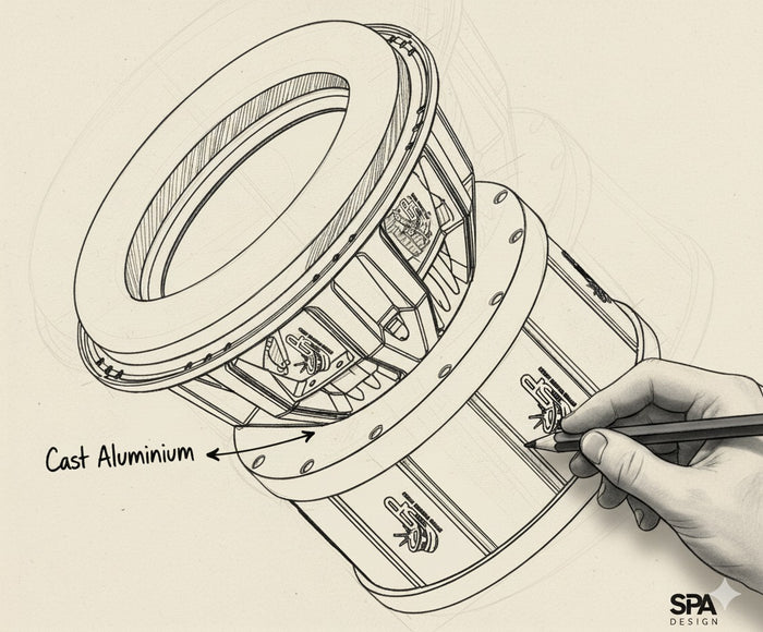 SP Audio subwoofer hand-drawn pencil sketch, cast aluminium basket