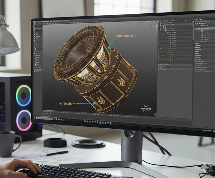SP Audio designer working on the 3D CAD model of a subwoofer