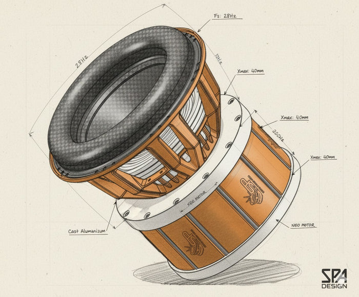 SP Audio technical drawing with dimensions, carbon cone subwoofer