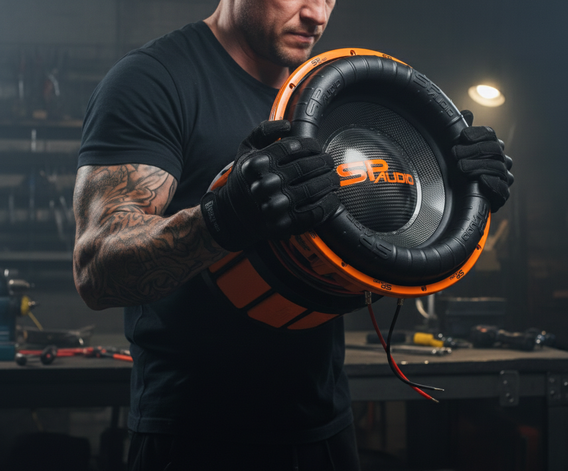 Installer holding the SP-15X subwoofer, carbon look cone and rubber surround in view