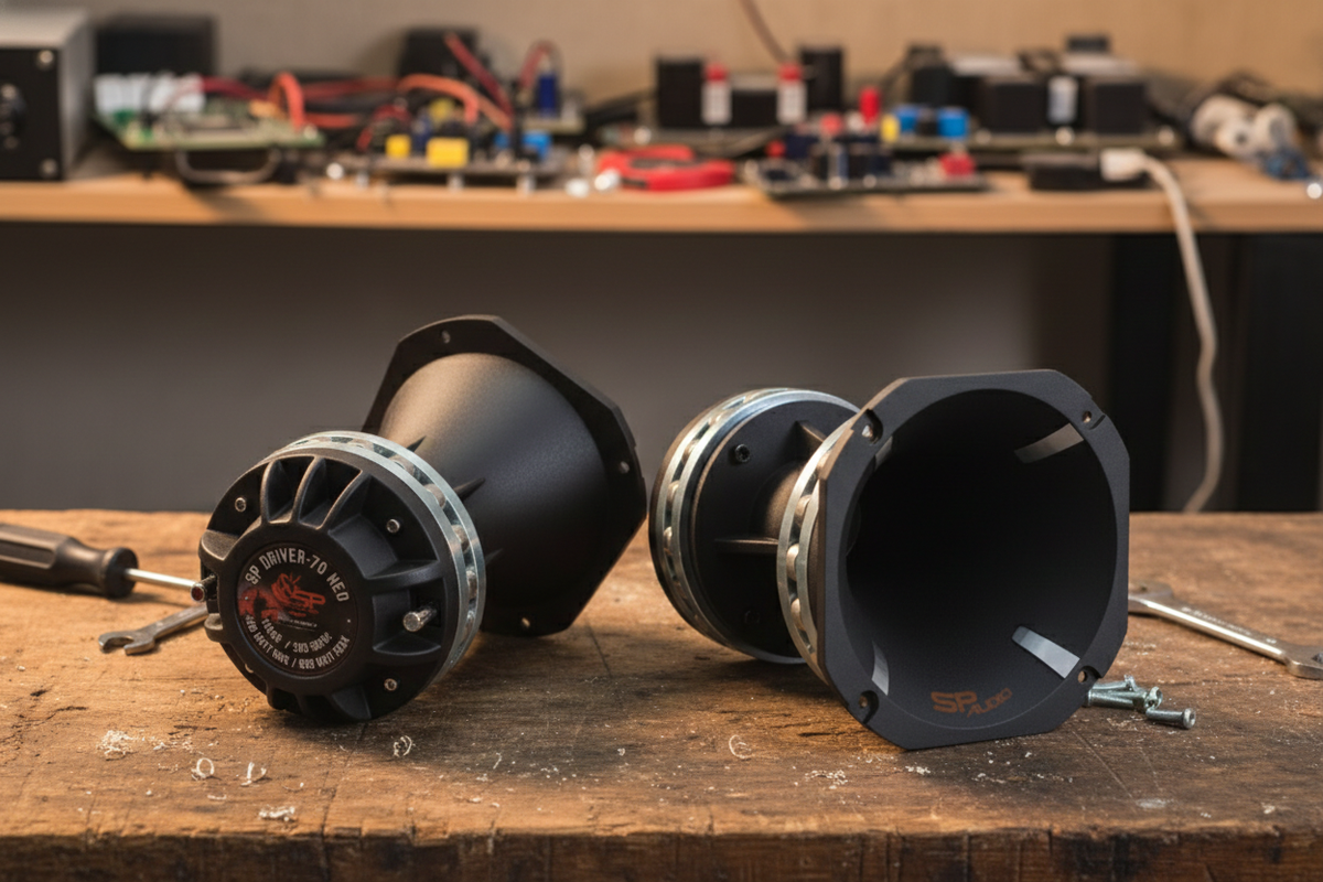 Two SP DRIVER 70 NEO drivers with horn on an installer's workbench