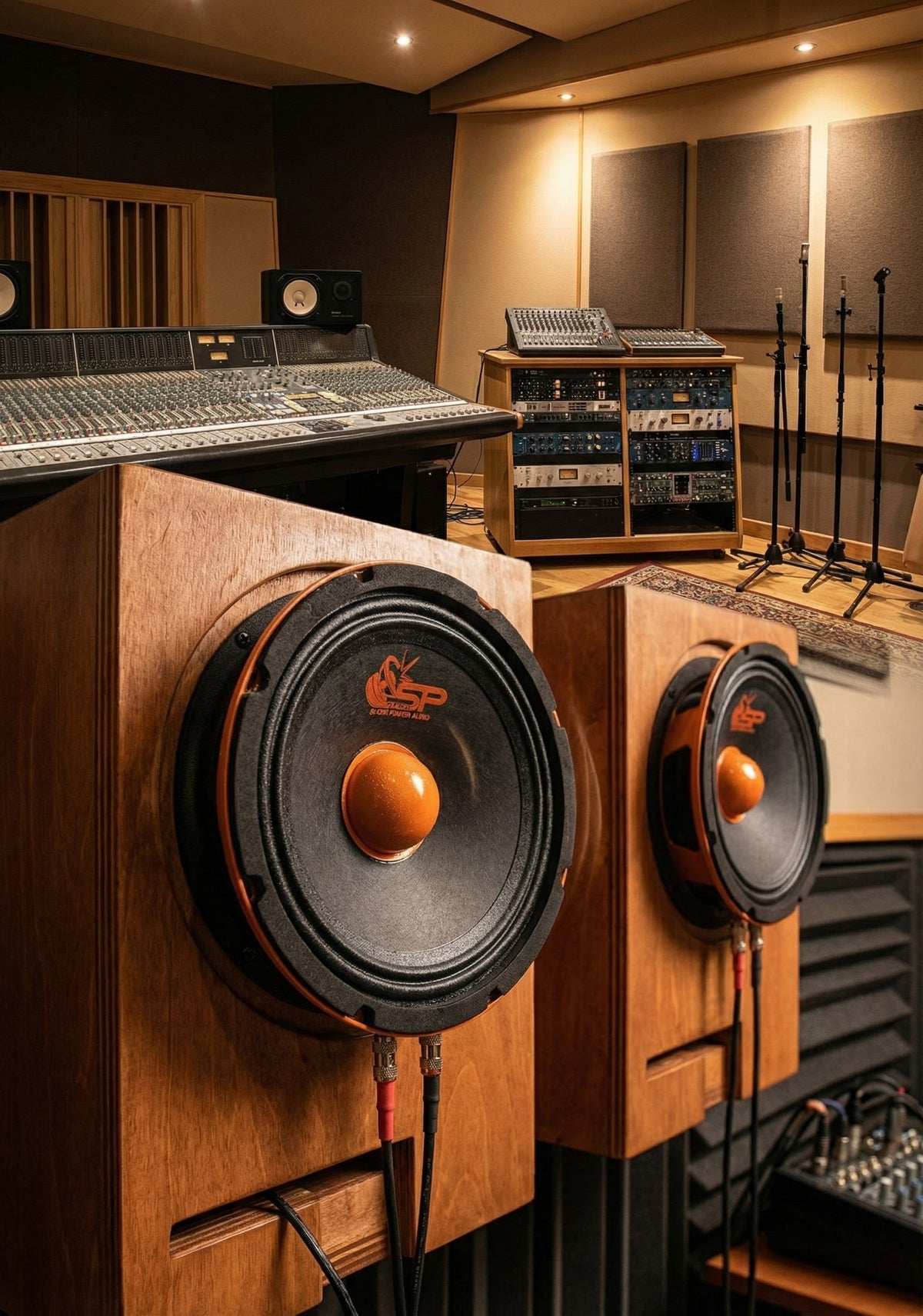 SP-EM 6.5 midrange mounted in wooden cabinets in a sound studio