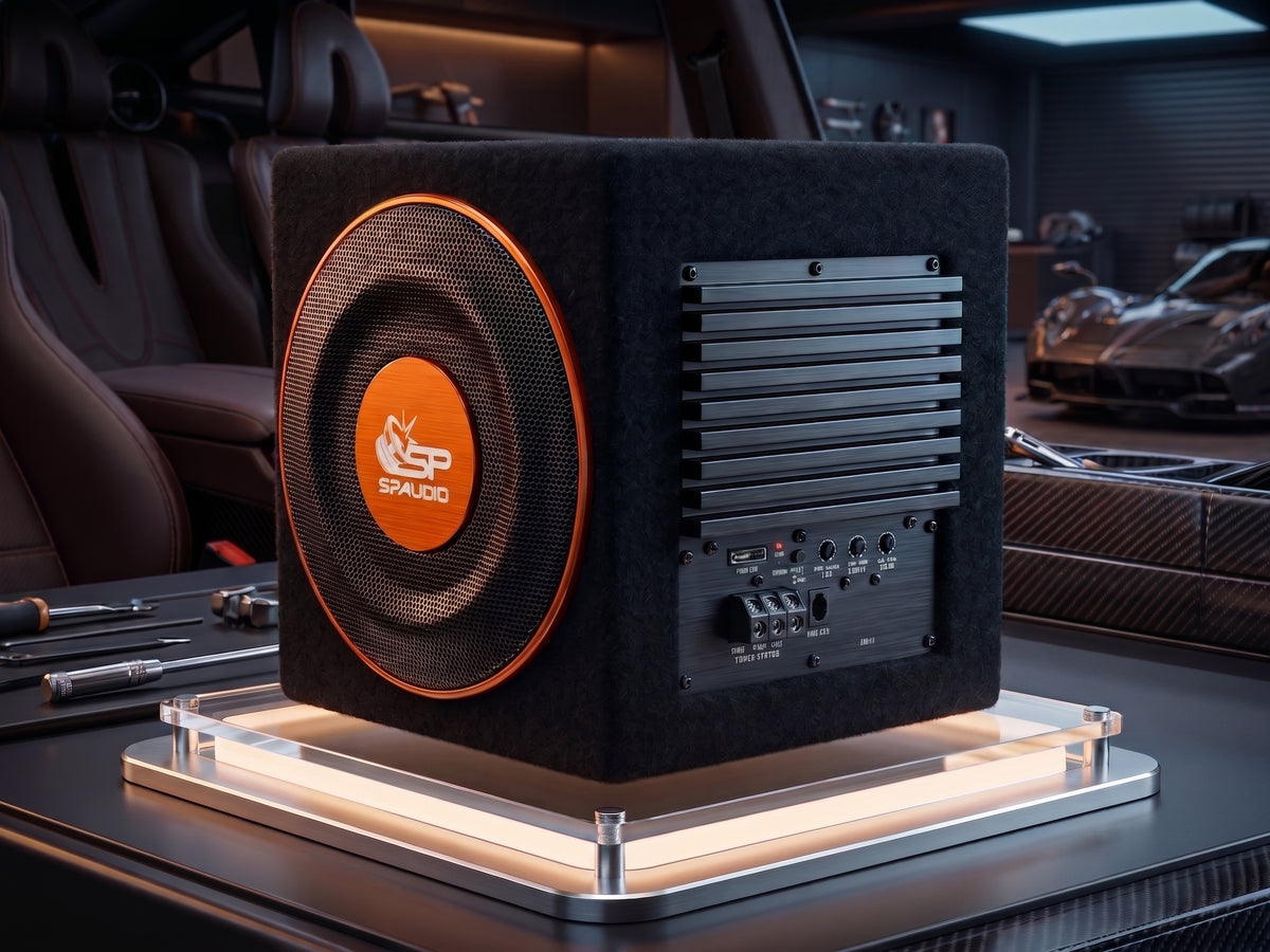 SP-8ACT active subwoofer box installed in a car boot area, built-in Class AB amplifier panel visible
