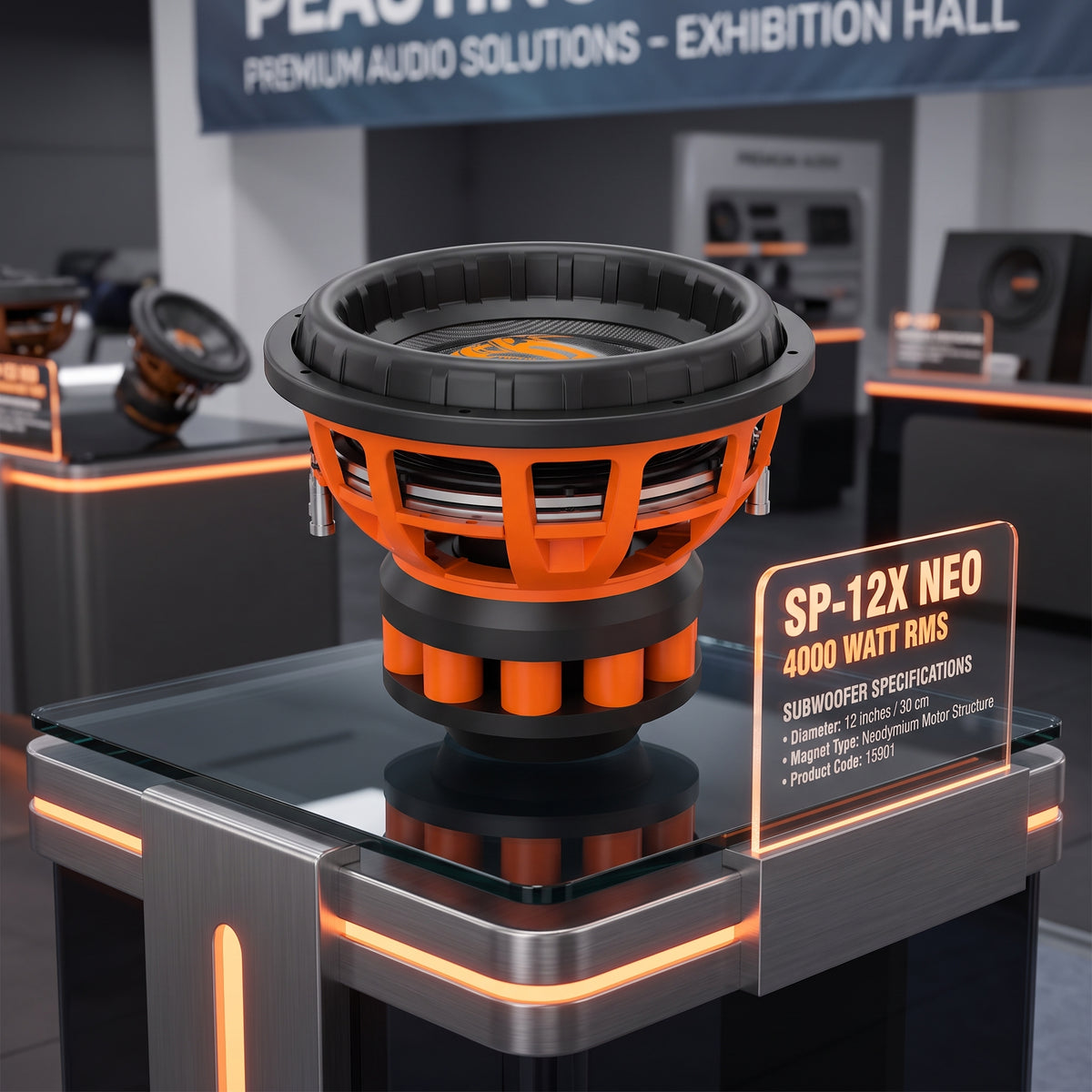 SP-12X NEO 12 inch neodymium subwoofer on a lit showroom display