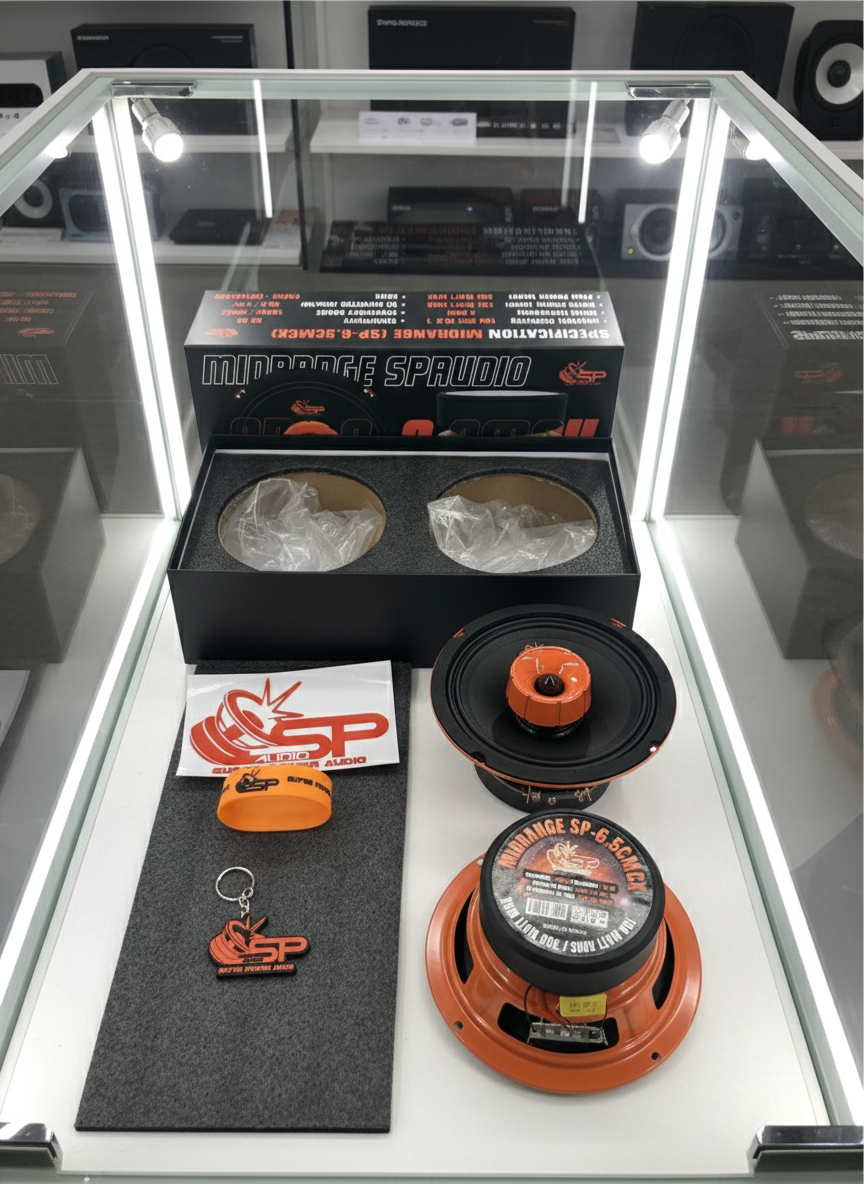 SP 6.5CM CX front and back view in a showcase with the SP Audio box