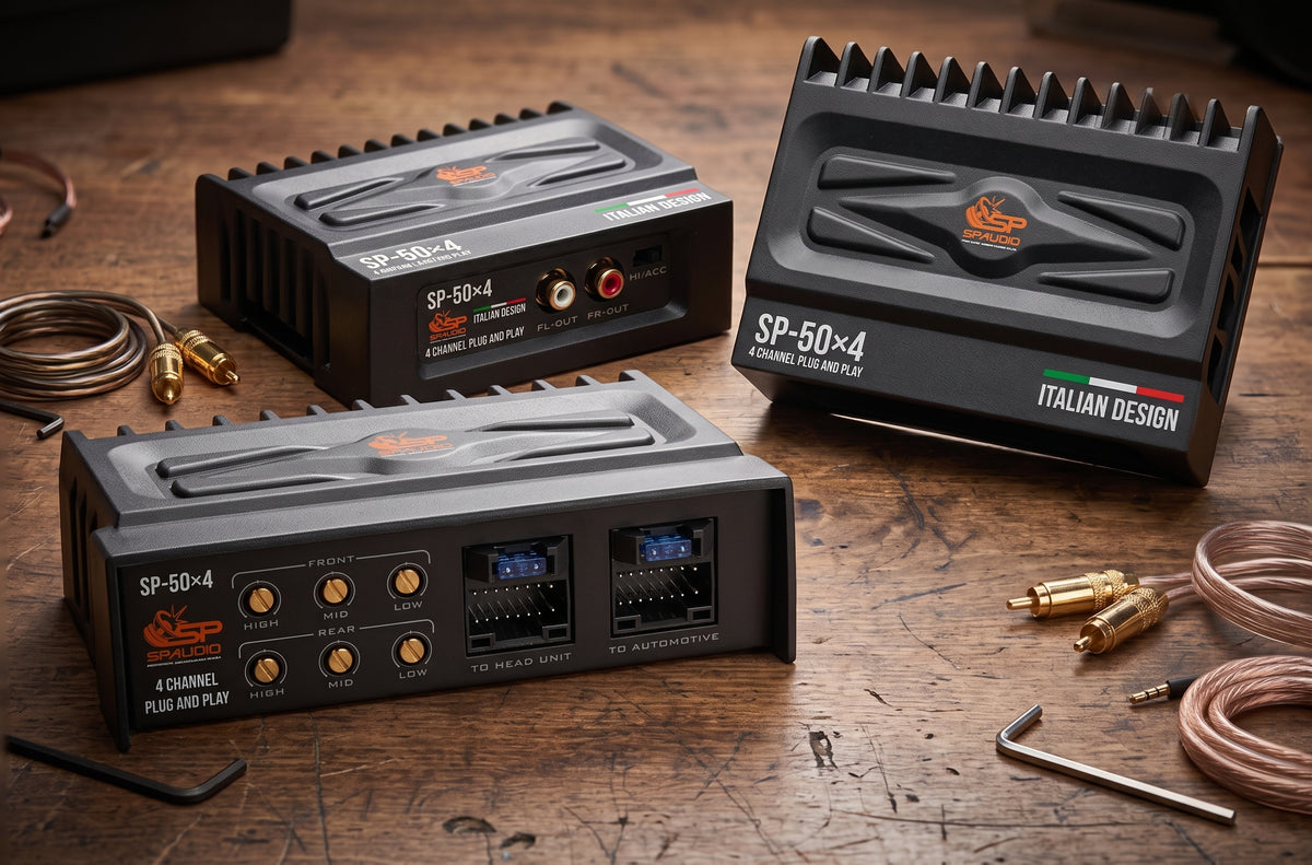 SP-50x4 4-channel plug and play amplifiers on a workshop bench, control panel and RCA output panel