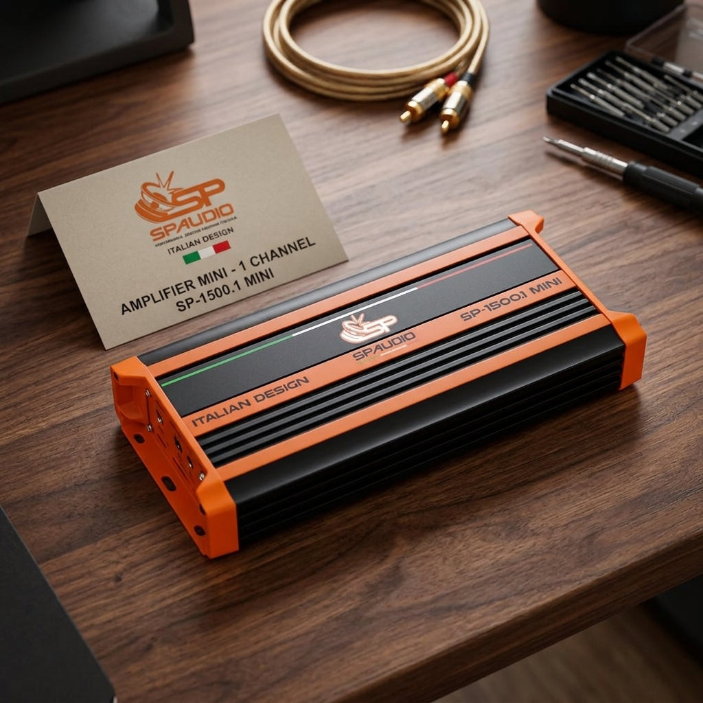 SP-1500.1 MINI monoblock amplifier on a wooden installer workbench with RCA cable