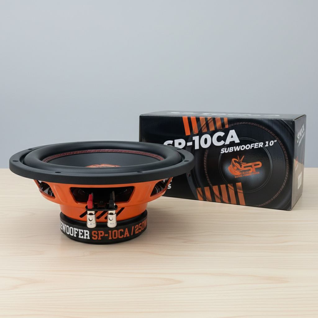 SP 10CA subwoofer next to its box on a wooden table