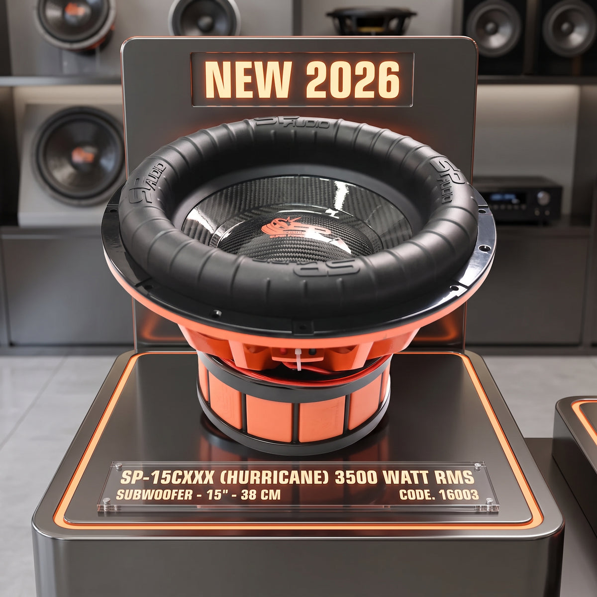SP 15CXXX subwoofer seen from the side on a showroom plinth, basket and motor visible