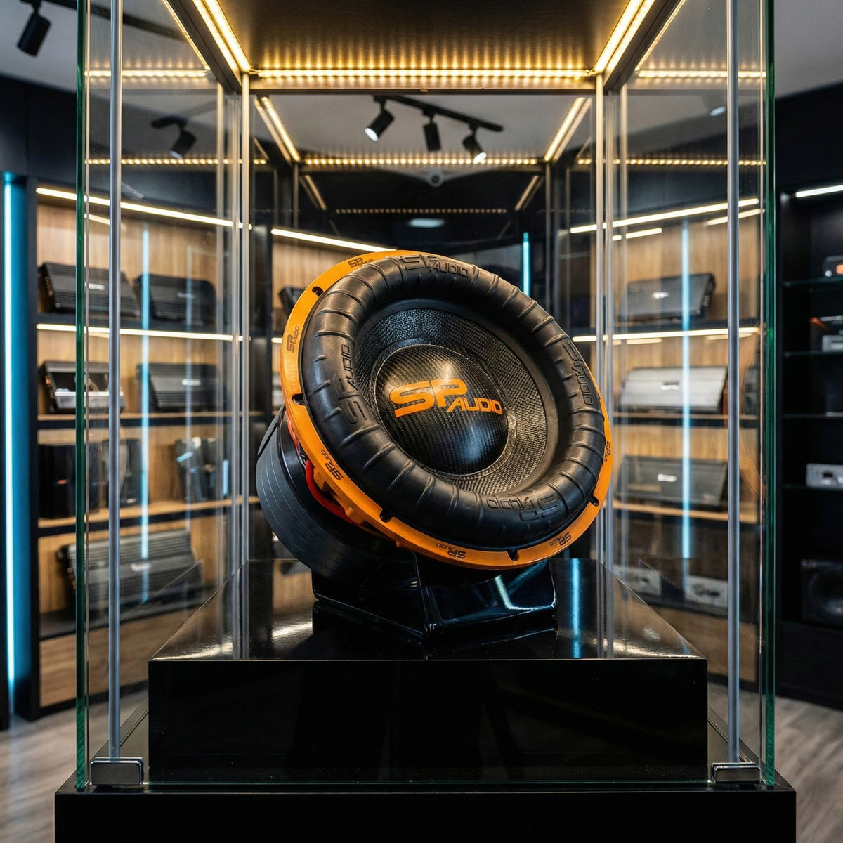 SP 15XXX Carbon Fibers 15 inch subwoofer displayed in a lit glass showcase in a car audio shop