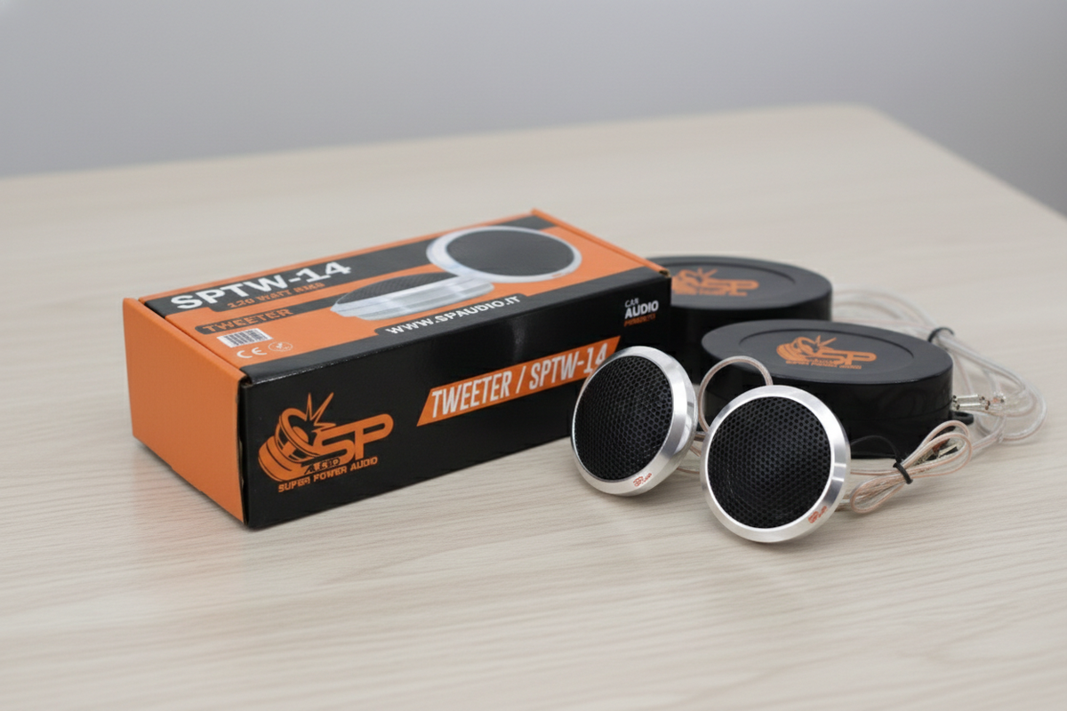 SP TW 14 aluminium tweeter pair with grilles, wiring and the SPTW-14 box