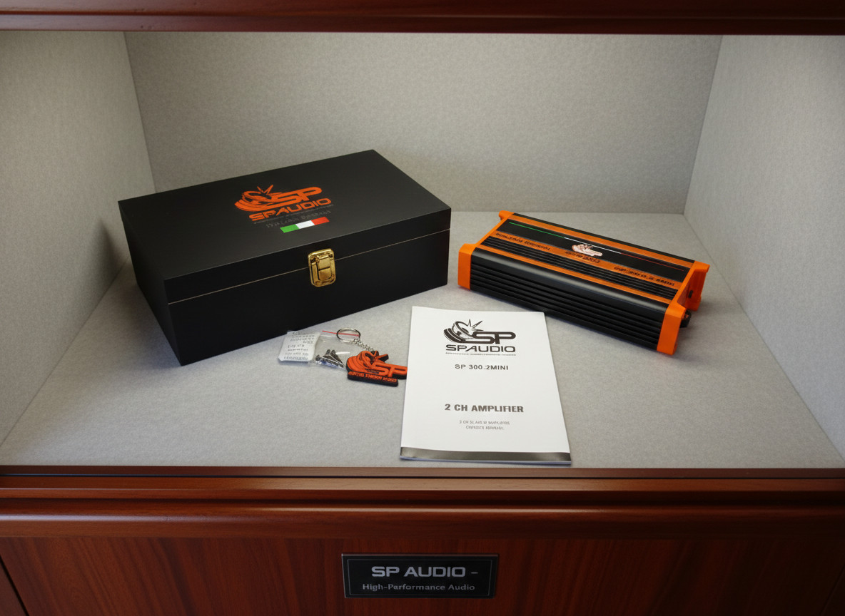 SP-300.2 MINI 2-channel amplifier presented in an SP Audio car audio store