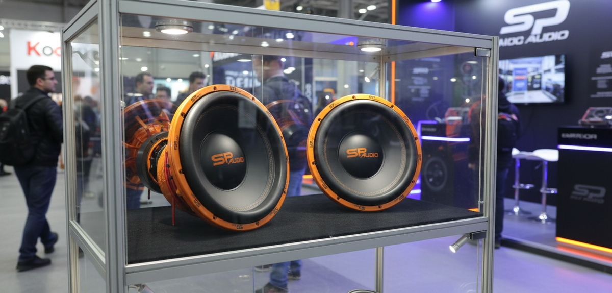 Two SP 15CX subwoofers in a glass display case at a car audio show