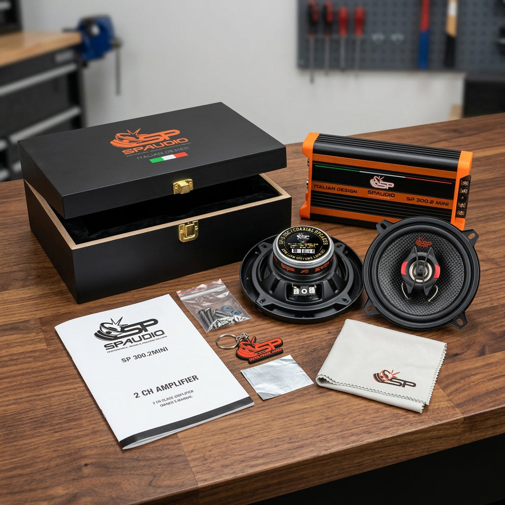 SP-300.2 MINI with its black collector's wooden case and printed user manual on a workbench