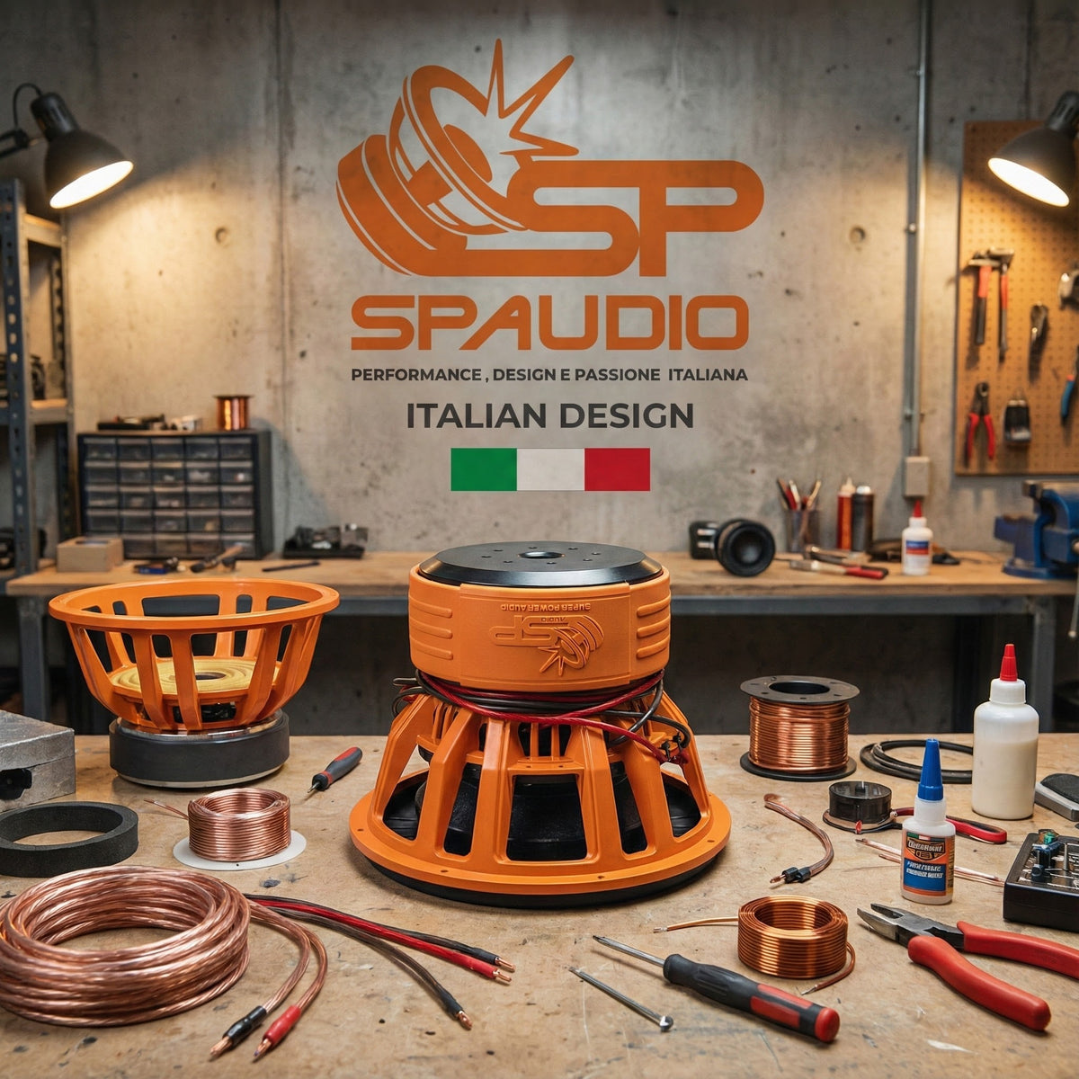 SP 15X subwoofer cone and suspension on an SP Audio workshop bench with coils and tools